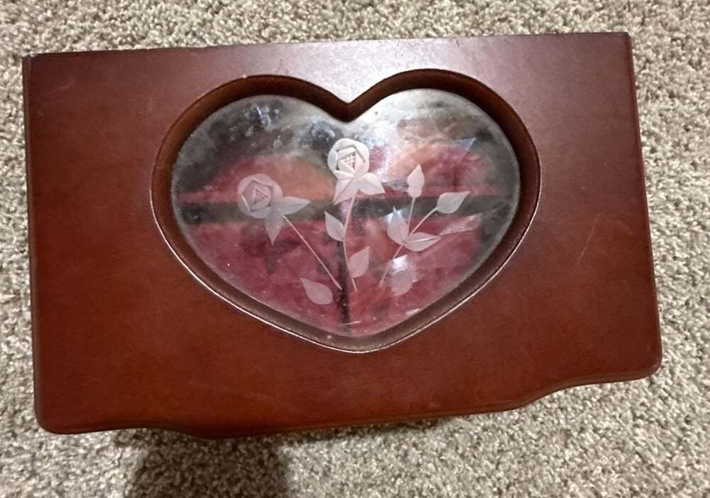 Vintage Wooden Jewelry Box with Etched Heart Glass Lid